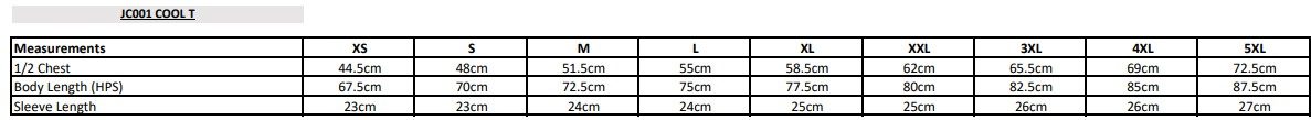 JC001 Size Chart