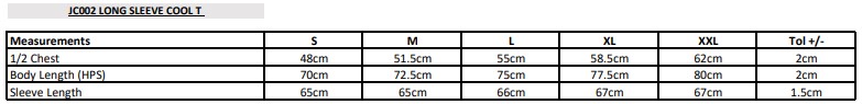 JC002 Size Chart