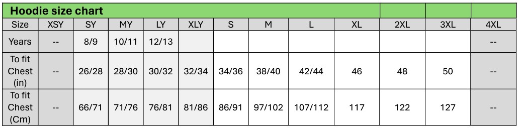 Hoodie Size Chart