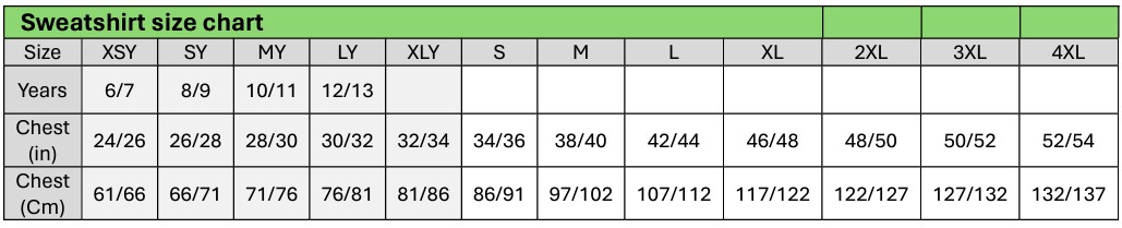 Sweatshirt Size Chart